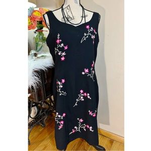 Sheath Dress Sz 10 Black Pink Embroidered Floral Sleeveless vintage 90s